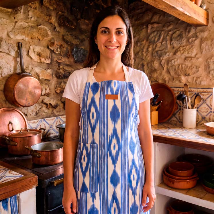 Kochschürze aus mallorquinischem Ikat-Stoff – Marineblau