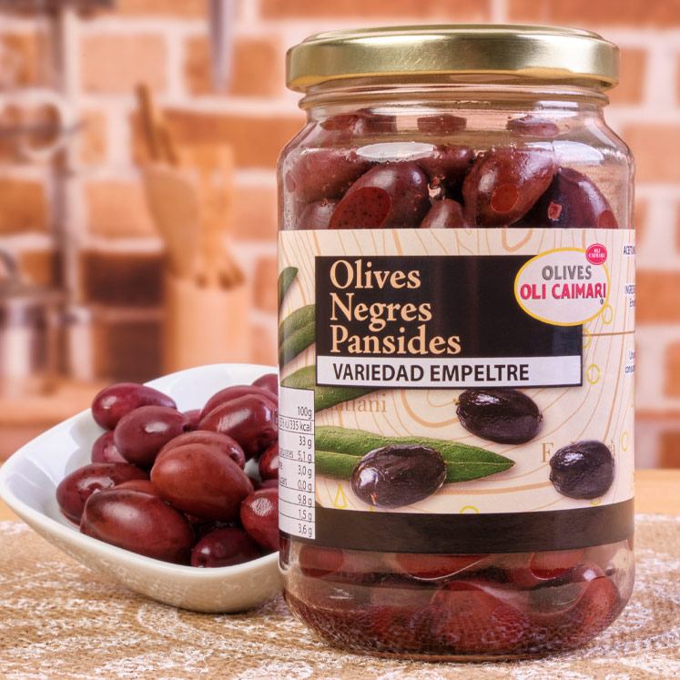 Natürliche ganze schwarze Oliven Olives Oli Caimari