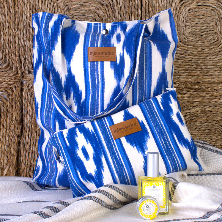 Blaue Tote-Tasche aus Ikat-Zungenstoff