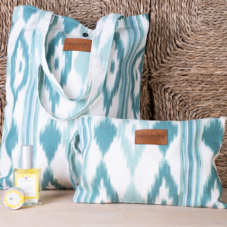 Tote-Tasche aus Ikat-Zungenstoff-Türkis
